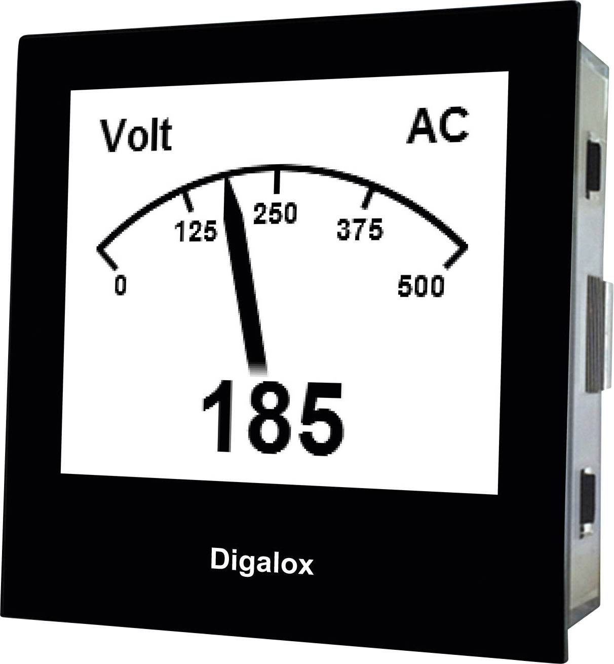Svart digitalt voltmeter visar ett värde på 185 volt. Skalan sträcker sig från 0 till 500 volt AC. Märket 'Digalox' är tydligt synligt.