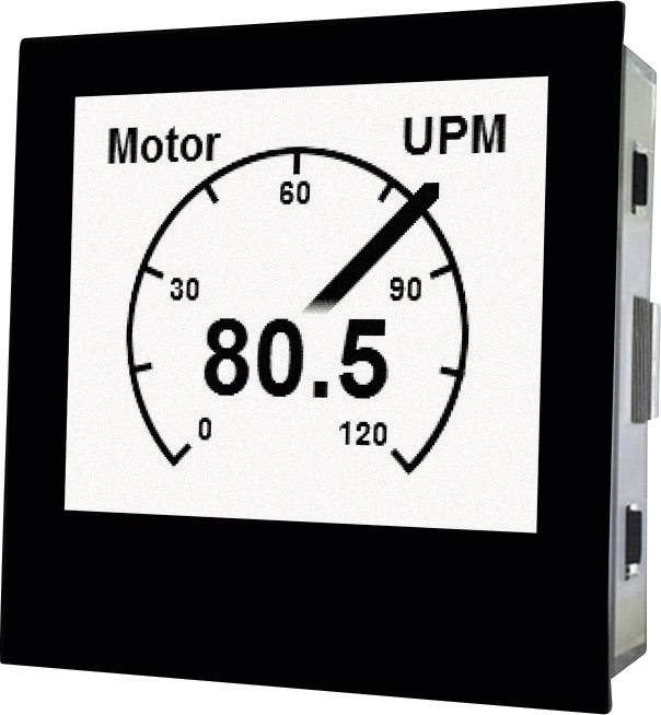En varvräknarmätare som visar 'Motor' och 'RPM' med en visare som pekar på 80,5, omgiven av en skala från 0 till 120.