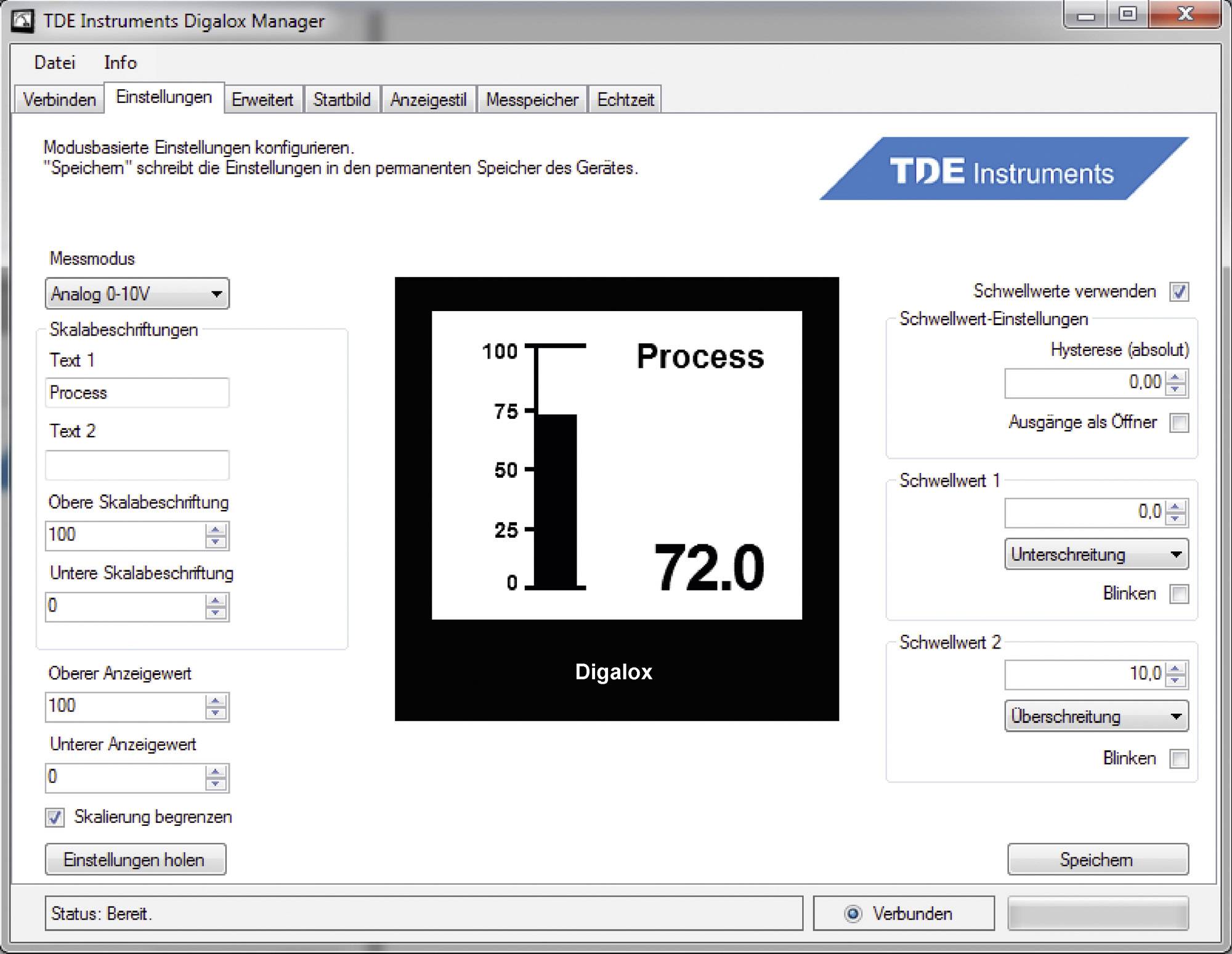 En skärmbild av programvaran 'TDE Instruments Digalox Manager'. Visar ett stapeldiagram med titeln 'Process', värde 72,0.