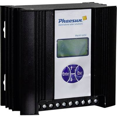 Svart solcellsregulator med display och kontrolltangenter för på- och avstängning. Varumärkets logotyp överst: 'Phaesun - fristående solenergilösningar'.