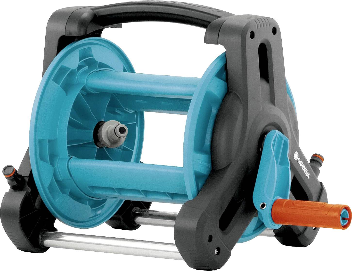 Slangvagn i plast med manuell vev, lämplig för enkel förvaring och transport av trädgårdslangor.