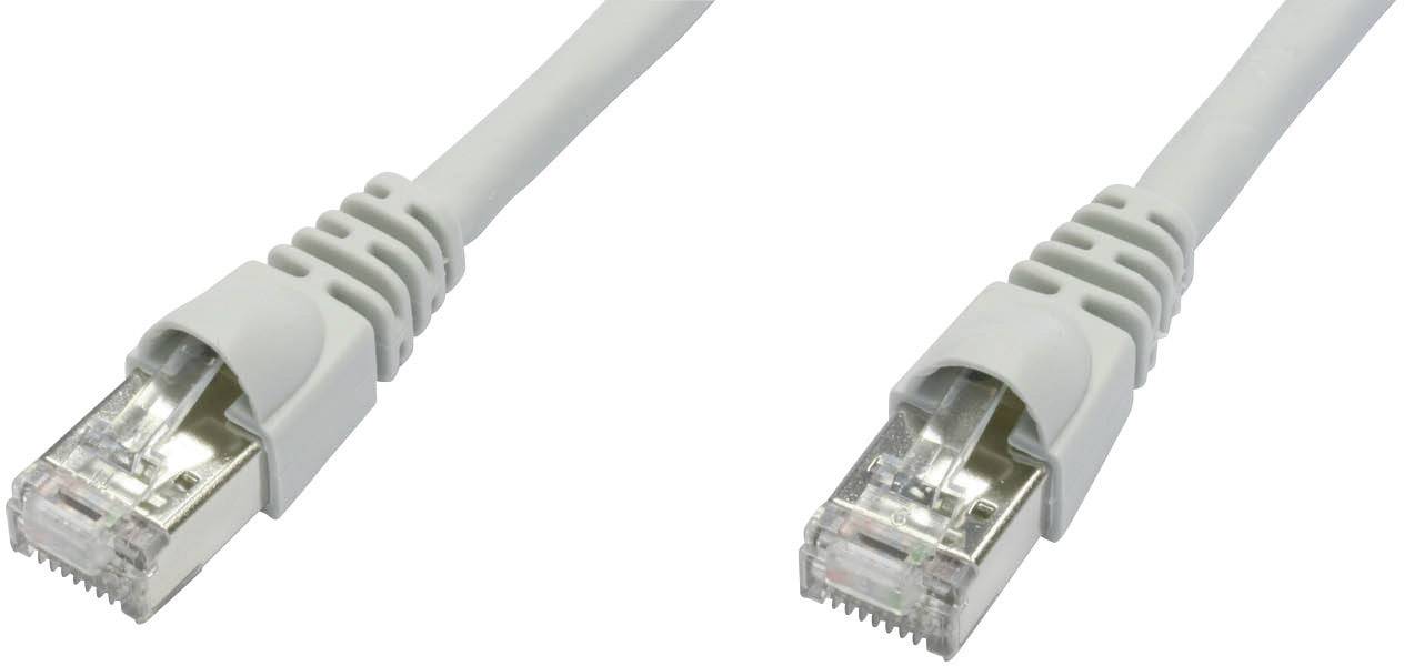 Två grå Ethernet-kablar med RJ45-kontakter i båda ändar, lämpliga för nätverksanslutningar.