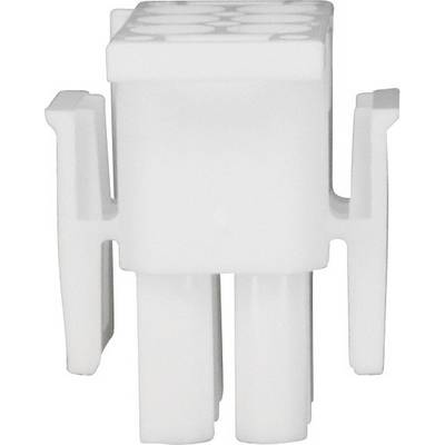 En vit, rektangulär plastpropp med fyra vertikala stift och sidoförankringar, avsedd för elektrisk anslutning.