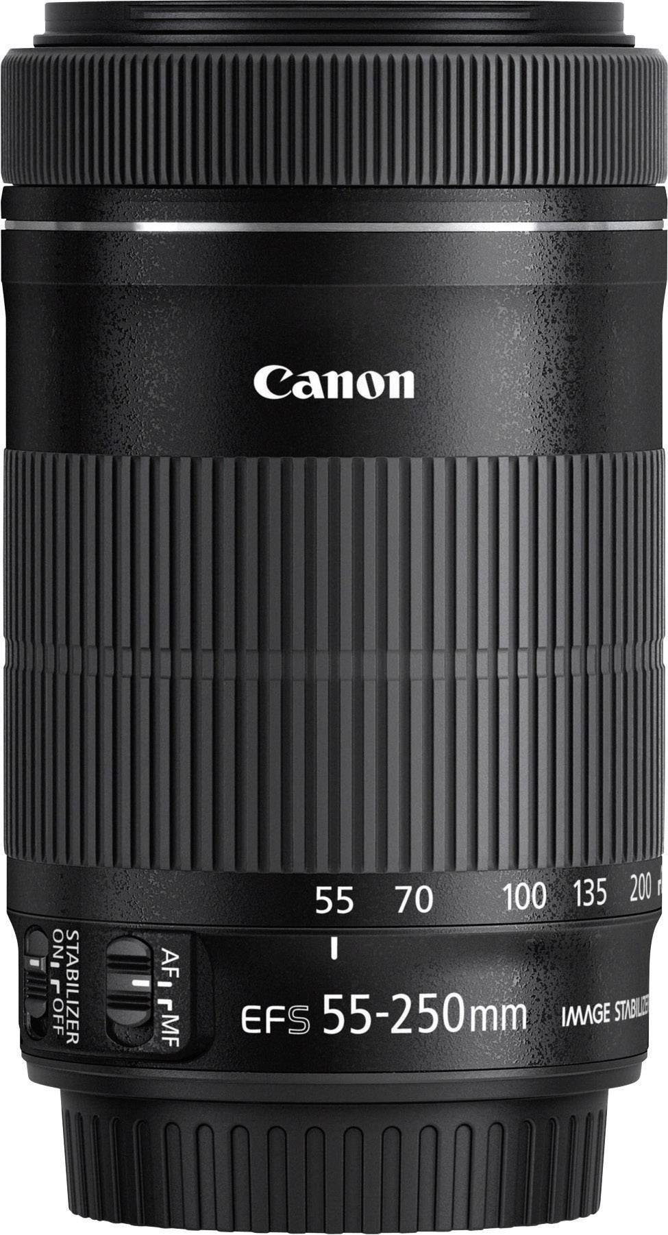 Ett svart kameraobjektiv från Canon märkt 'EFS 55-250mm' och 'Image Stabilizer'; lämpligt för zoombilder.