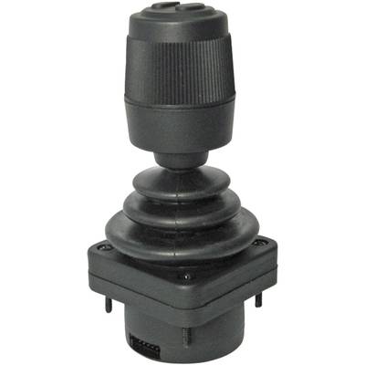 Svart joystick med räfflat handtag och kvadratisk bas med skruvhål, sannolikt avsedd för styrning av maskiner eller enheter.