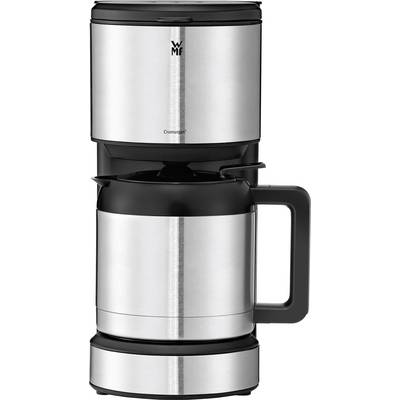 Silvergrå kaffebryggare med termokanna och svart handtag, lämplig för filterkaffé, tillverkad i rostfritt stål.