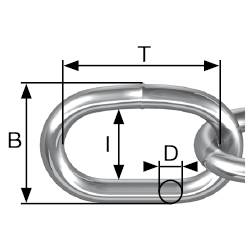 Kedjeledillustration med etiketter för dimensioner: Total längd (T), Bredd (B), Invändig längd (I), Tråddiameter (D).