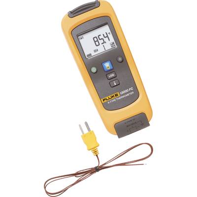 En digital termometer med LCD-display visar '85,4°F'. Under den finns ett K-typ termoelement med två kablar och en gul kontakt.