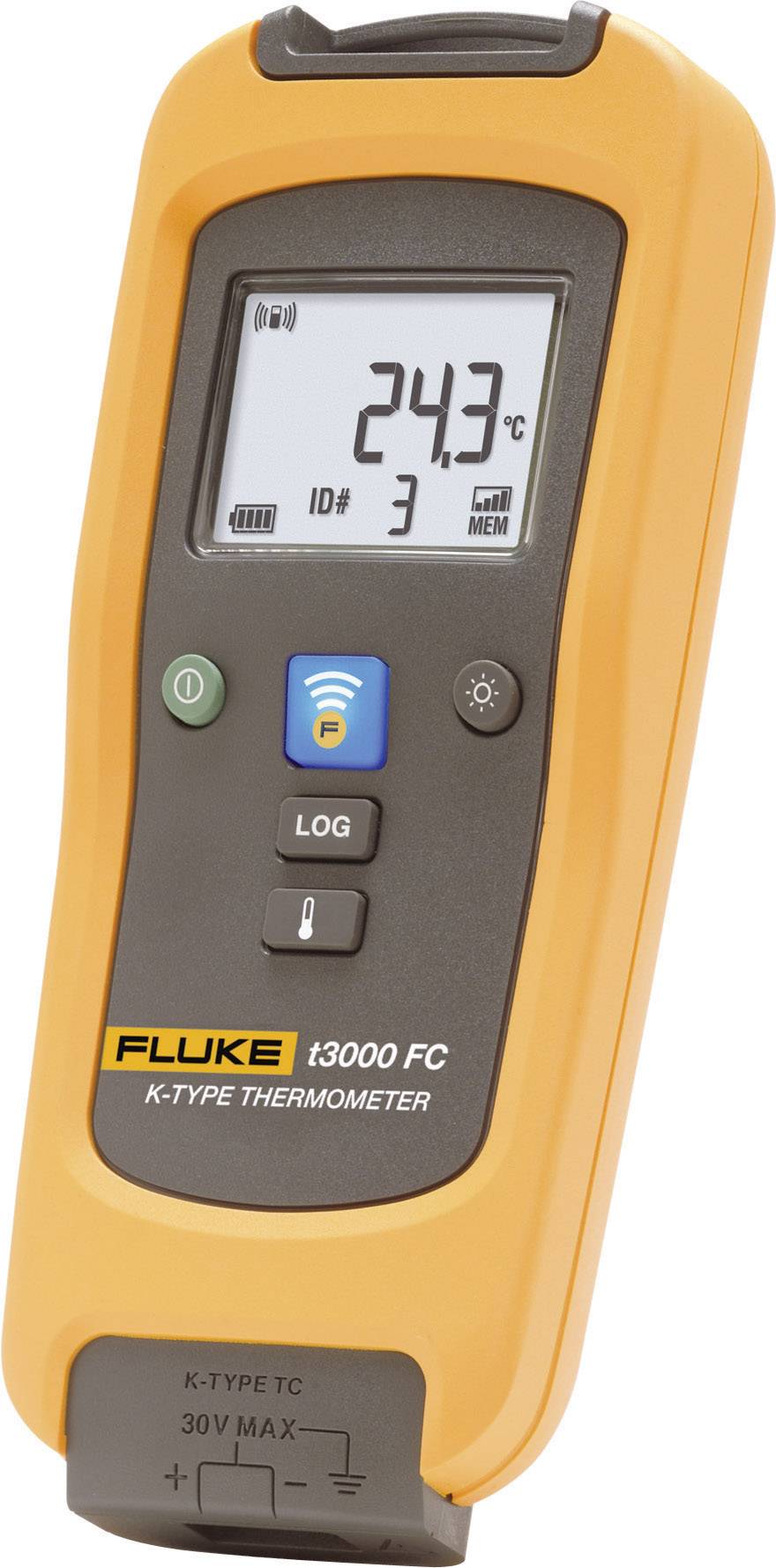 Digital termometer i orange, visar 24,3°C på displayen. Knappar för logg och trådlös. Märke 'Fluke' längst ner. Designad för temperaturmätningar.