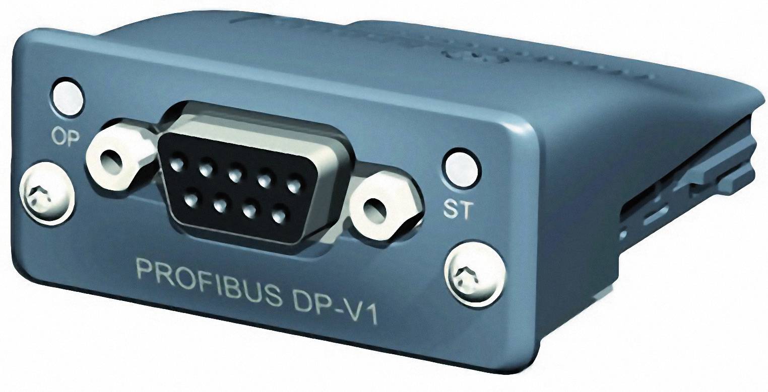 Elektronisk adapter märkt 'PROFIBUS DP-V1', visar ett 9-stifts gränssnitt, lämplig för industriella tillämpningar.