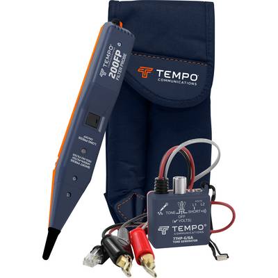 En testapparatuppsättning från Tempo Communications, bestående av en tonergenerator och en ledningssond, med tillhörande svart bärväska.