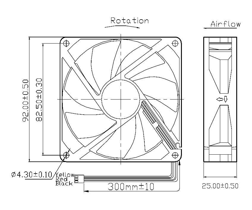Teknisk ritning av en fläkt med dimensioner: 92x92x25 mm. Anteckningar om luftflödesriktning, rotation, kabelfärger och toleranser.