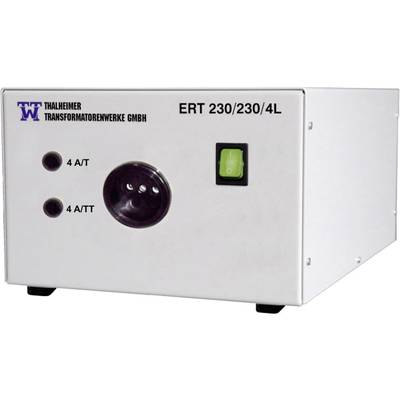 Bilden visar en elektrisk apparat från Thalheimer Transformatorenwerke GmbH med märkningarna '4 A/T' och 'ERT 230/230/4L'. En grön strömbrytare är synlig.