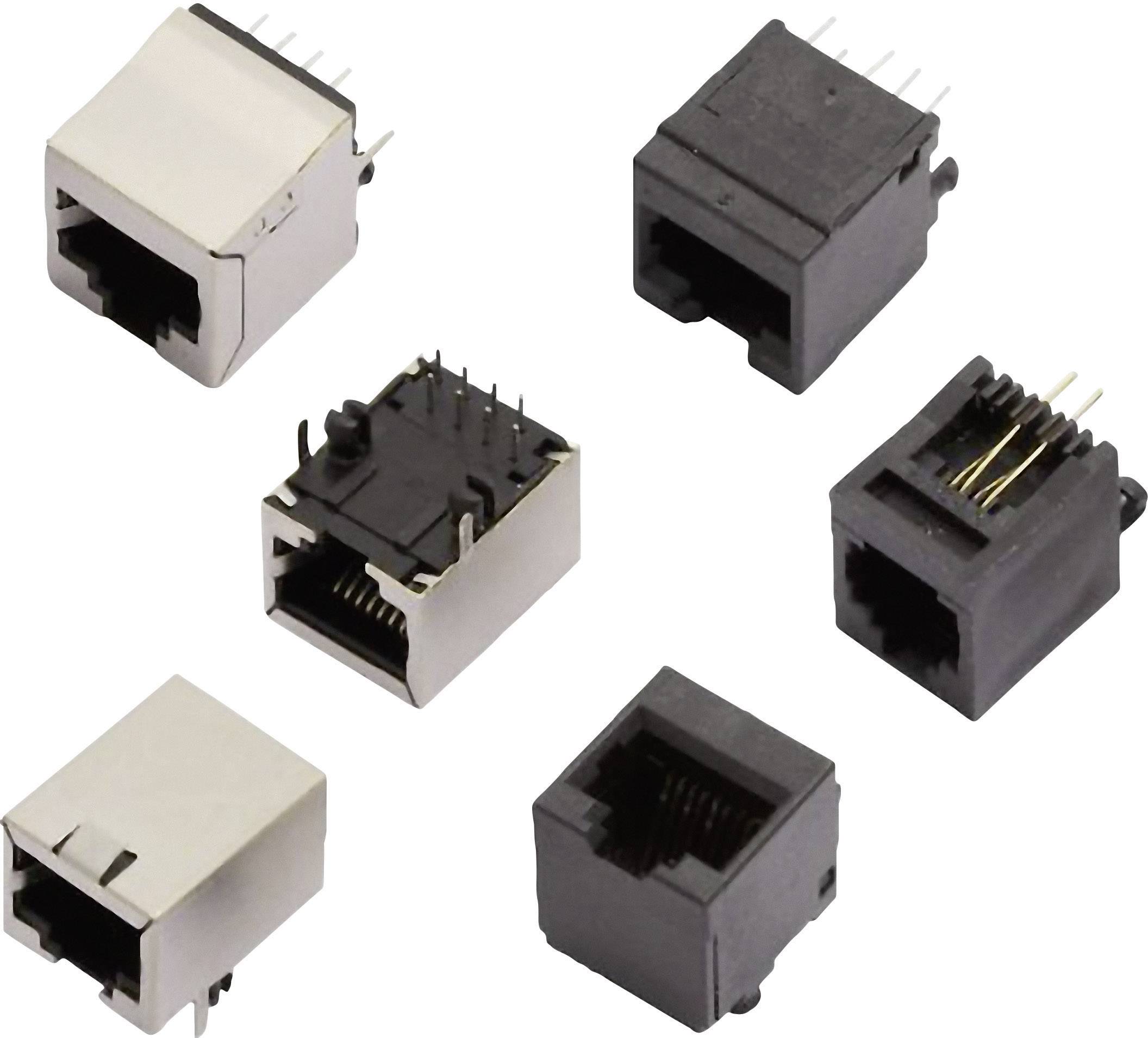 Flera RJ45-kontakter och kontaktdon, fotograferade från olika vinklar, använda för Ethernet-nätverksanslutning.