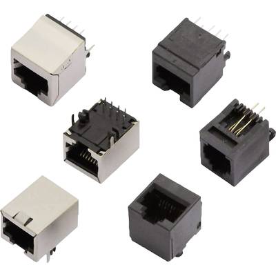 Flera RJ45-kontakter och kontaktdon, fotograferade från olika vinklar, använda för Ethernet-nätverksanslutning.