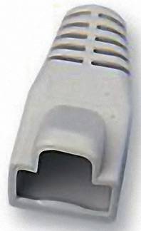 Grå RJ45-kontakt med plastskydd och kabelavlastning, typiskt använd för Ethernet-anslutningar i nätverk.