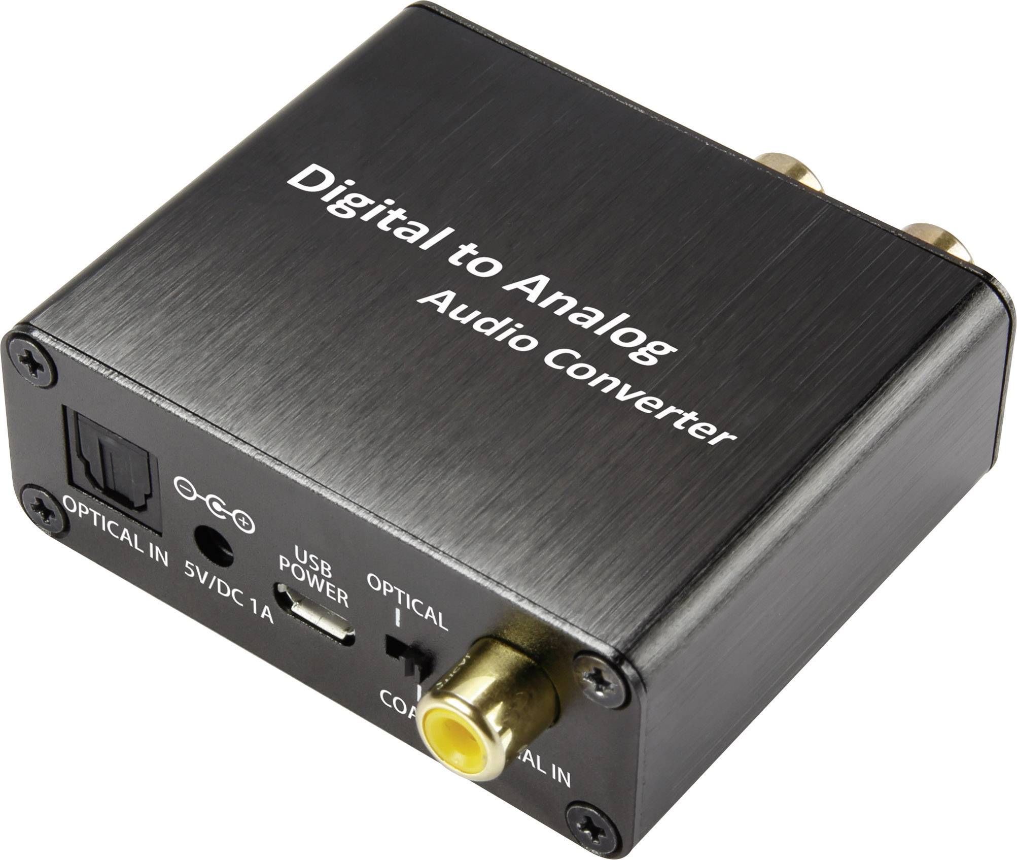 Svart digital-till-analog-ljudkonverter med optiska ingångar och RCA-utgångar, märkt med 'Digital to Analog Audio Converter'.