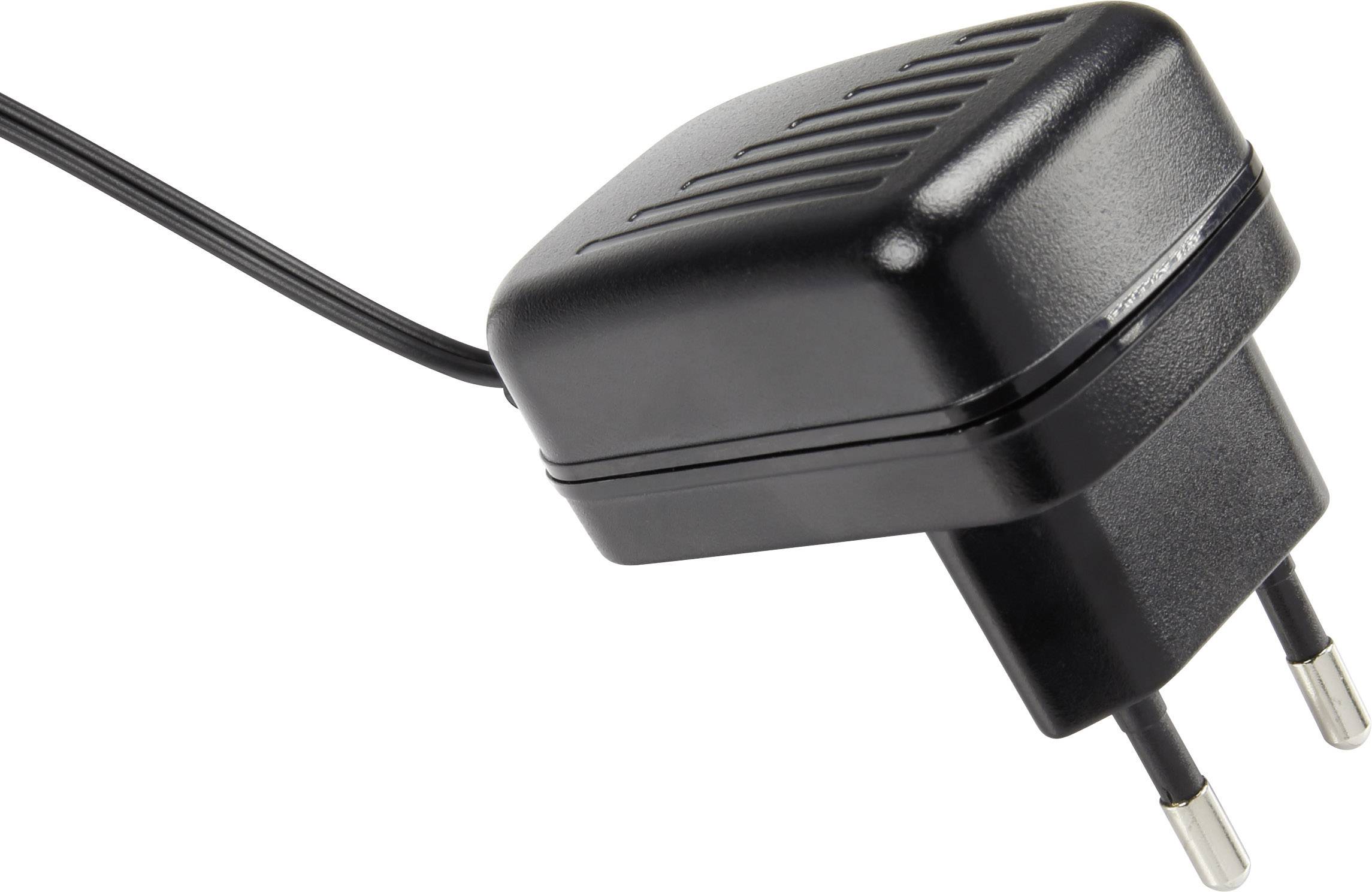 Ett svart nätadapter med EU-kontakt är avbildat på en vit bakgrund.