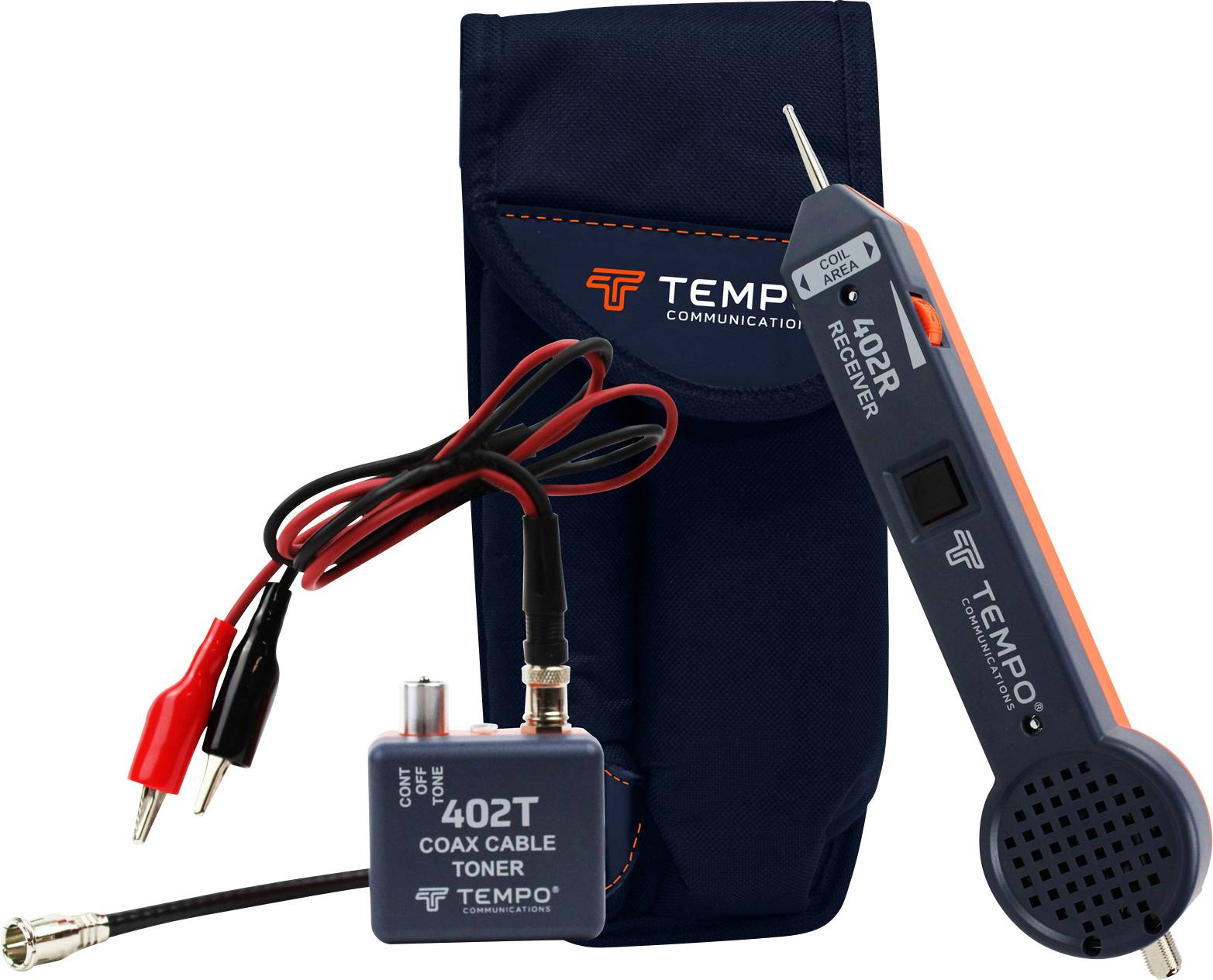 En kabeltoner-set med koaxialkabel-toner, testenheter och bärväska, lämplig för kommunikationsledningar.