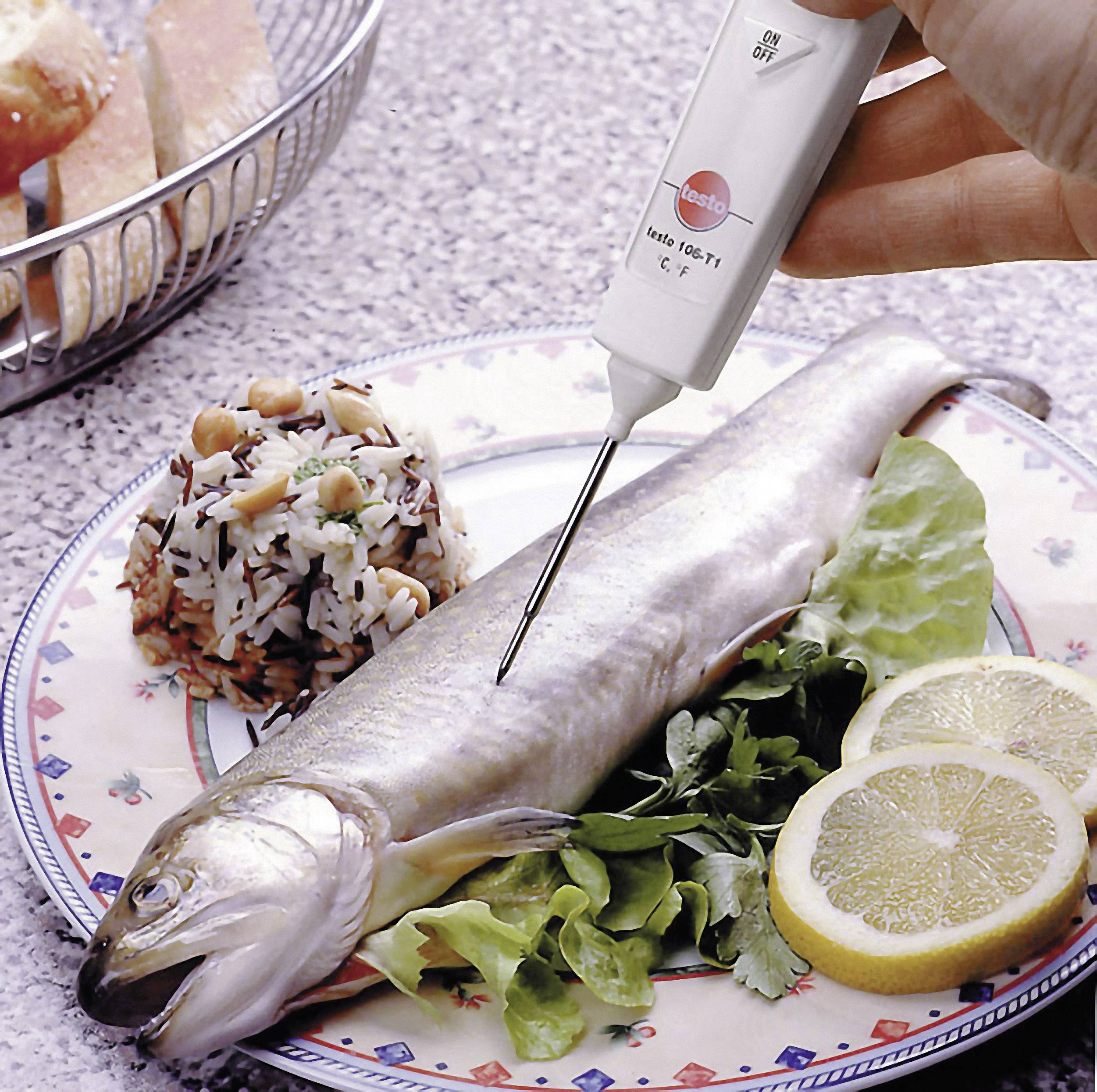 En fiskrätt på en tallrik med sallad och citronskivor. En hand kontrollerar fiskens temperatur med en termometer.