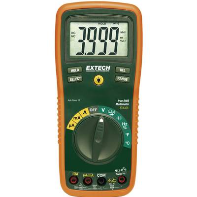 Ett digitalt multimeter visar värdet '3999' för likspänning eller växelspänning. Enheten har olika mätlägen och ett grönt, orange hölje.