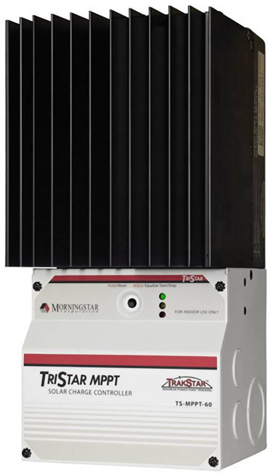 Laddningsregler för solpaneler med modellnamn TriStar MPPT, vertikalt monterad. Lämplig för inomhusanvändning, tillverkare Morningstar.