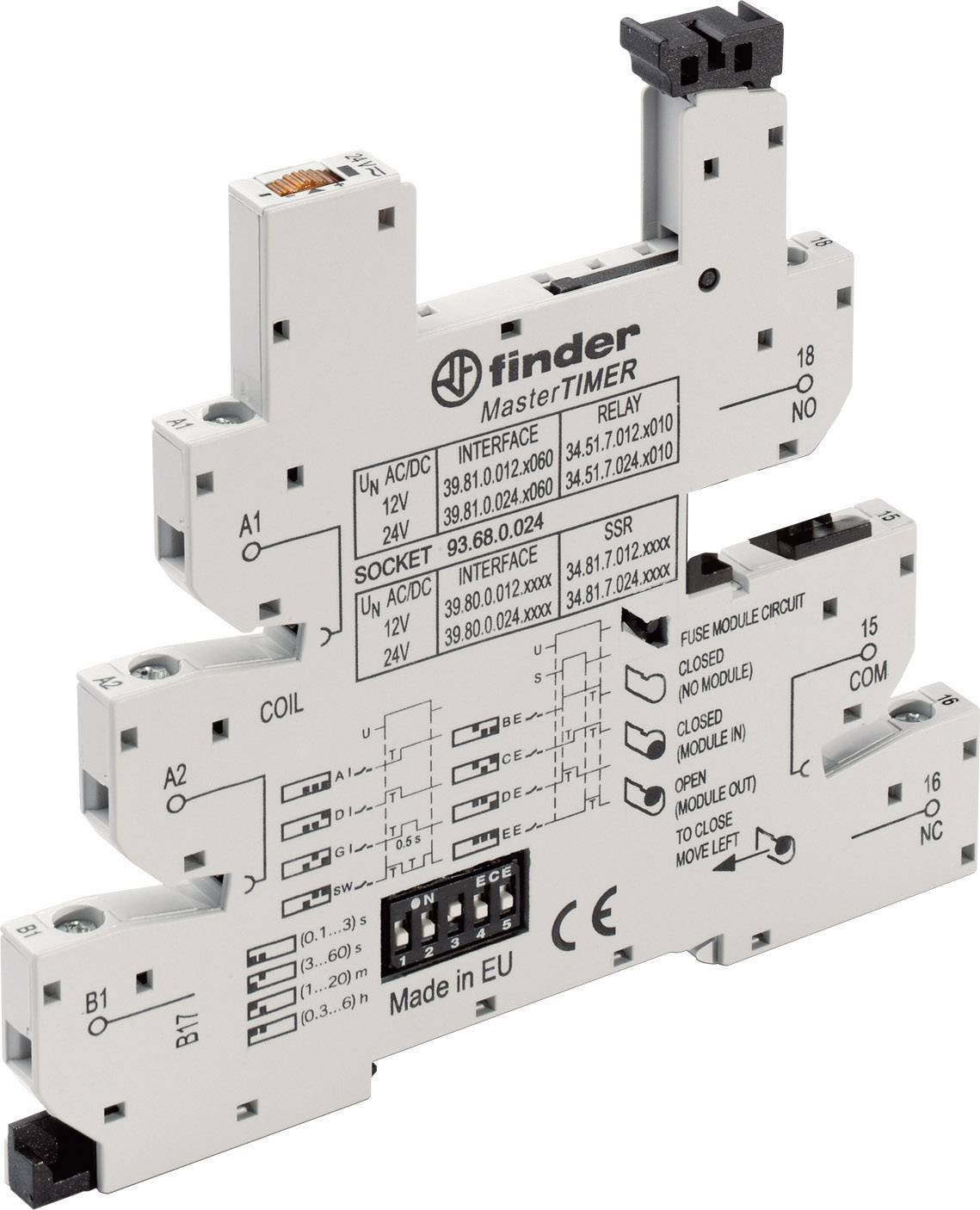 Elektroniskt modul med kortplatser och switch, 'finder MasterTIMER'. Tryckt text med tekniska specifikationer och moduler.