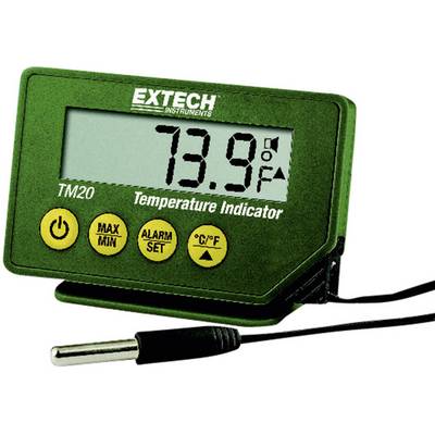 Grönt digitalt termometer 'EXTECH TM20' visar 73,9 grader Fahrenheit. Enheten har knappar för Max/Min, larm och °C/°F. En givare är ansluten.