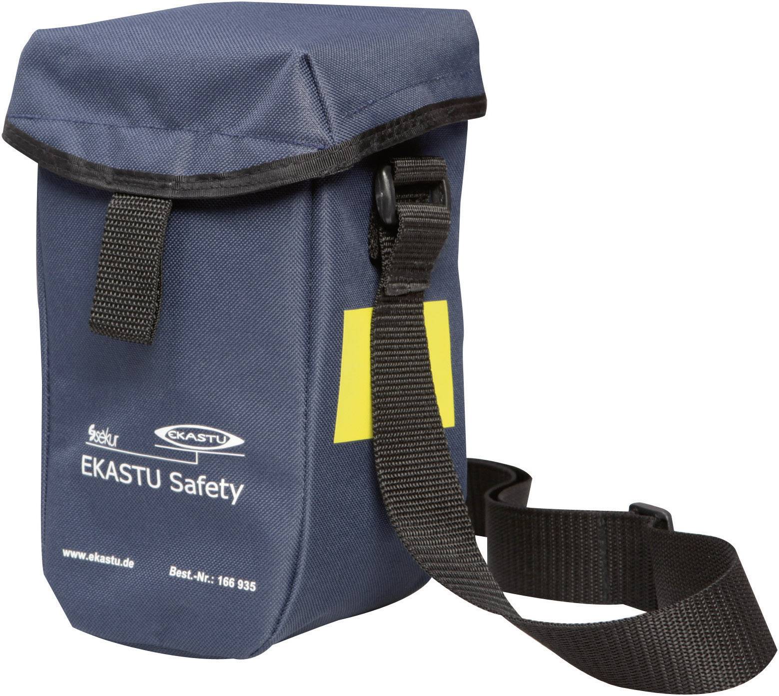 Blå väska med axelrem och kardborreförslutning, tryckt med "EKASTU Safety". Lämplig för säkerhetsutrustning.