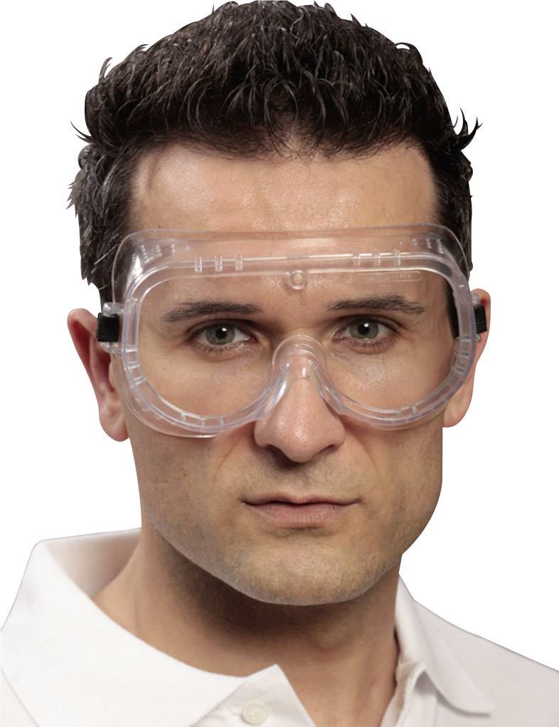 En man bär skyddsglasögon. Glasögonen har klara plastlinser och ger skydd för ögonen.