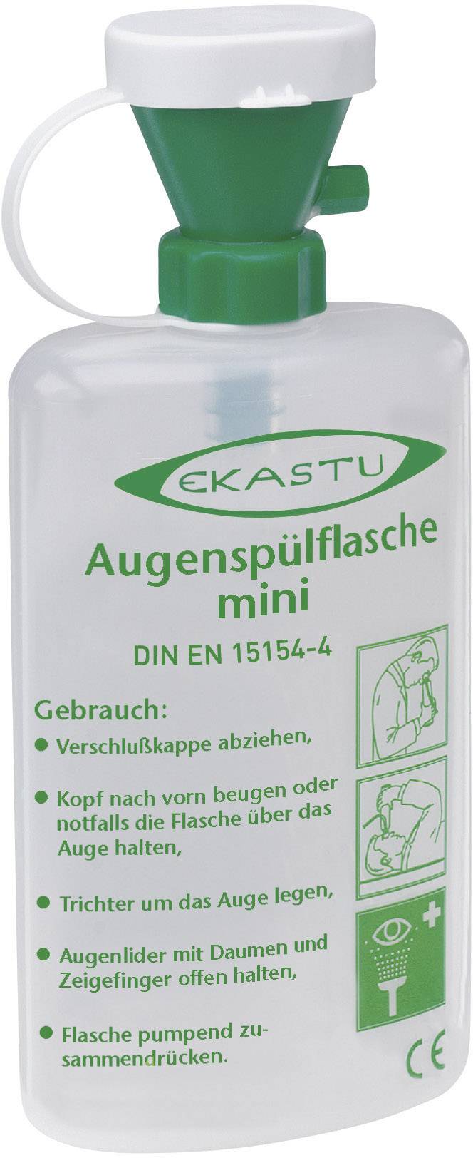 Transparent ögonduschflaska med grönt lock. Påskrift: 'Ögonduschflaska mini'. Med bruksanvisningar och piktogram för användning.