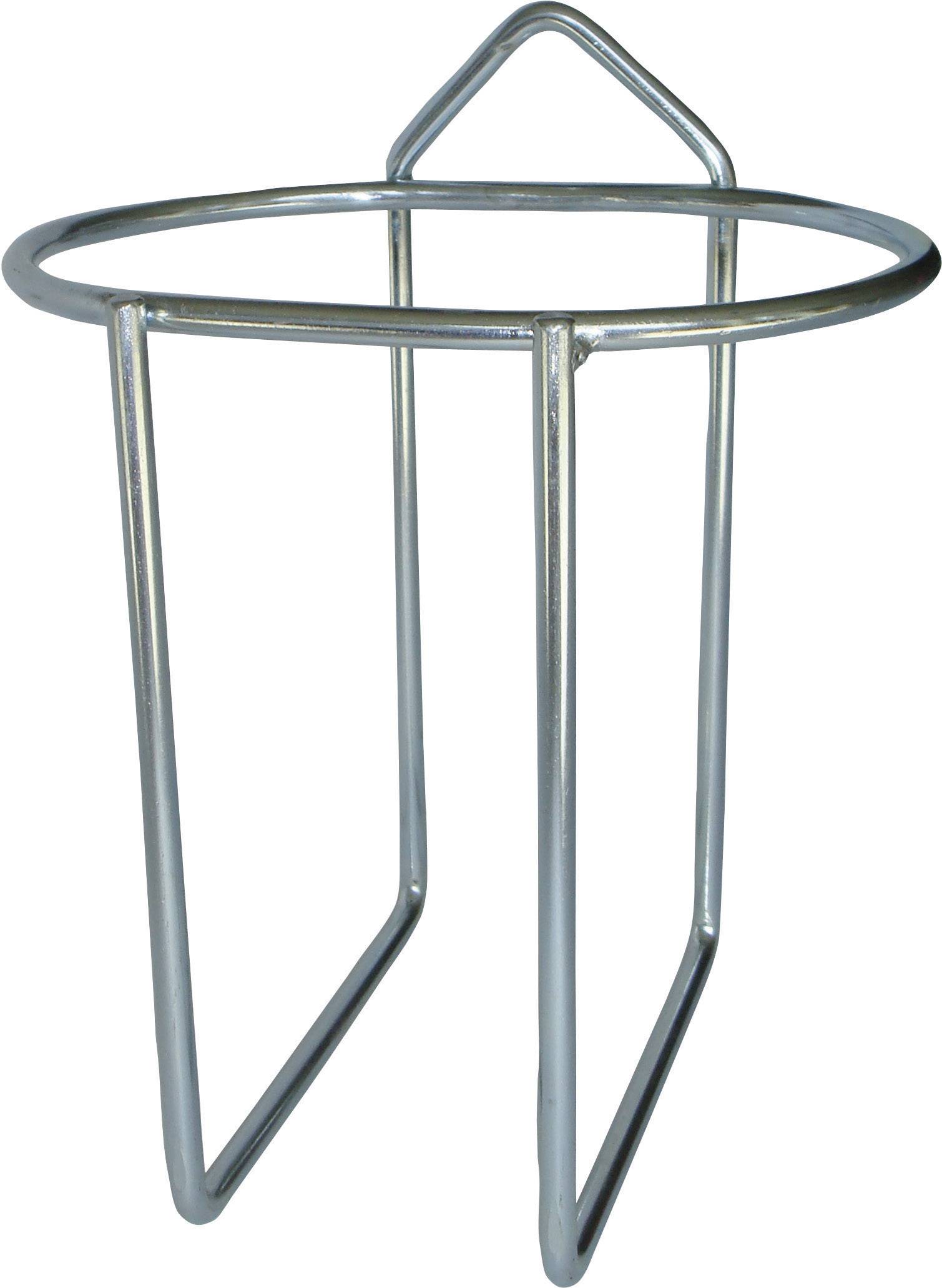 Metallhållare med tre vertikala stänger och cirkelformad överdel. Särskilt lämplig för att stödja hinkar eller behållare.