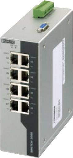 En grå industriell Ethernet-switch med åtta Ethernet-portar, lämplig för nätverksanslutningar i industriella miljöer.