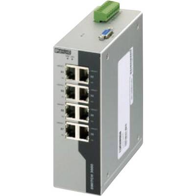 En grå industriell Ethernet-switch med åtta Ethernet-portar, lämplig för nätverksanslutningar i industriella miljöer.