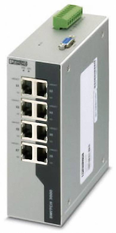 En grå-vit nätverksenhet med åtta Ethernet-portar och ett grönt terminalblock befinner sig på en vit bakgrund.