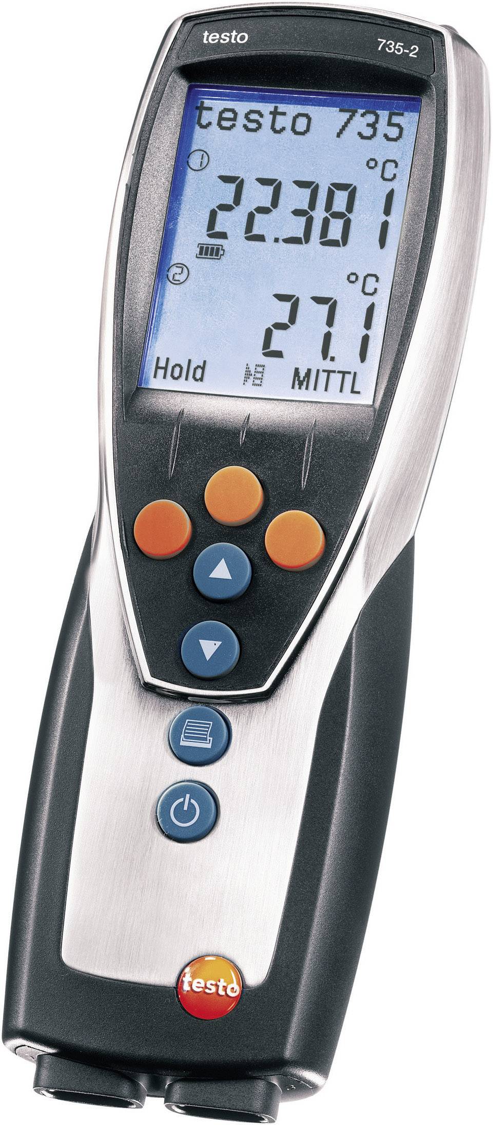 Ett digitalt termometer med display visar '22,38°C'. Under detta visas '27,1°C MITTL'. Det har flera manöverknappar.