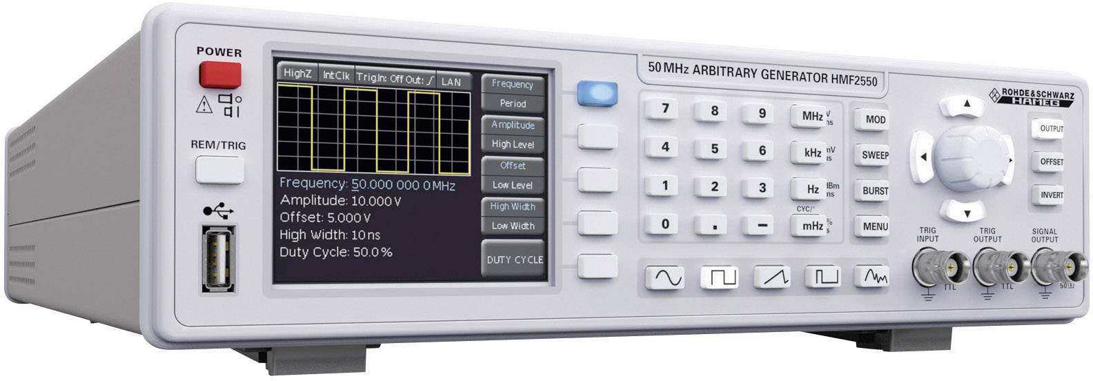 En godtycklig signalgenerator med en digital display visar parametrar som frekvens och amplitud. Kontrollknappar finns till höger om displayen.