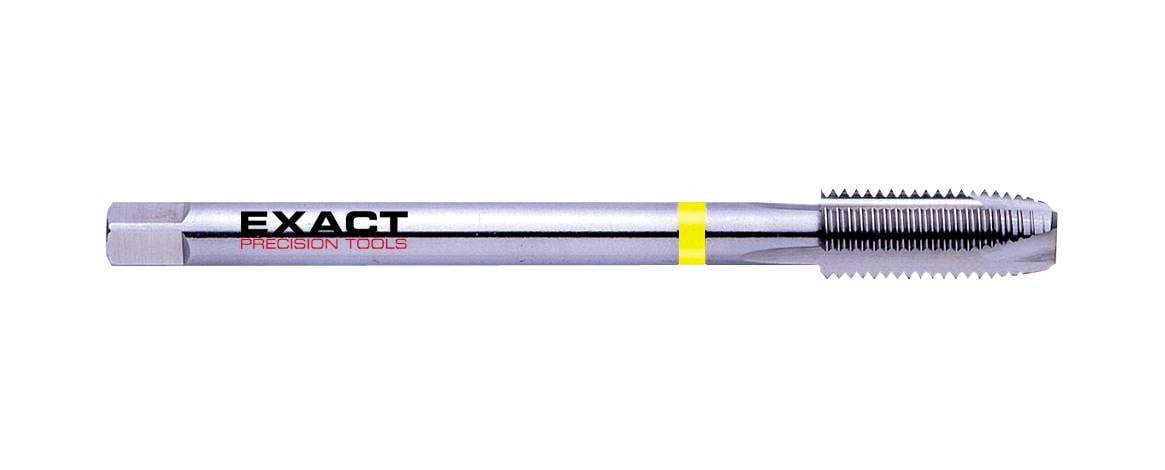 En metallgängborr märkt med 'EXACT Precision Tools', särskilt avsedd för precisionsavverkning av gängor.