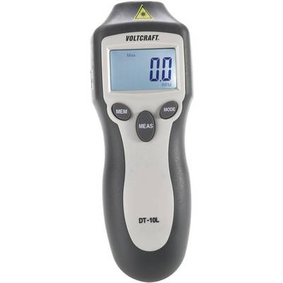 Handhållen varvtalsmätare med LCD-display, visar '0.0 varv/min'. Varumärket 'Voltcraft' och modell 'DT-10L' synliga.