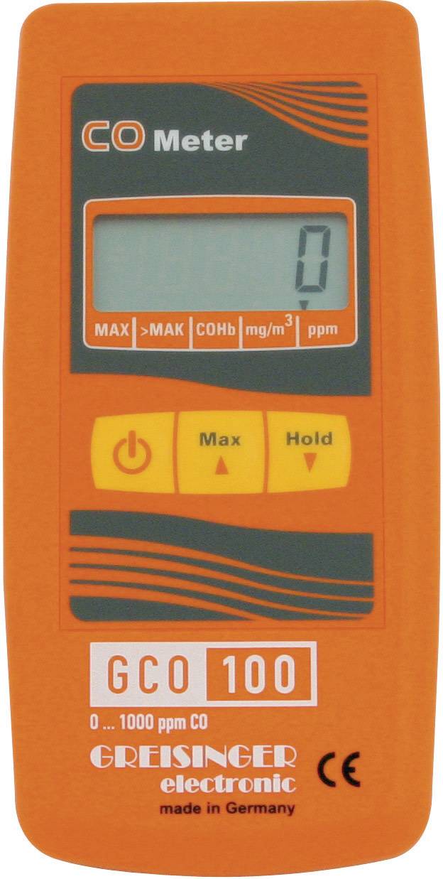 En orangefärgad CO-mätare visar '0 ppm' på displayen. Under den finns knappar för 'Max' och 'Hold'.