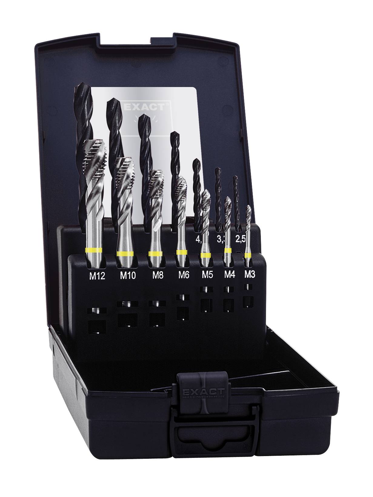 'Set med nio metallborrar i ett öppet svart fodral, borrar sorterade efter storlek, märkta från M3 till M12.'