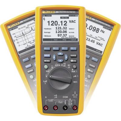 Digitalt multimeter med gult hölje visar spänningsmätningar på displayen. Det har en vridreglage och olika funktionsknappar.