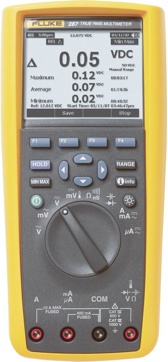 En bärbar digital multimeter med en display som visar en mätning på 0,05 VDC, omgiven av funktionsknappar.