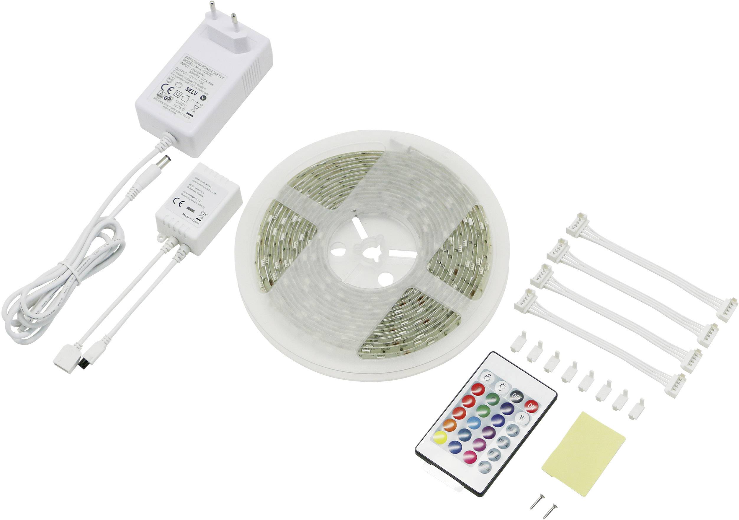 LED-ljusremsa-set med fjärrkontroll och nätadapter. Inkluderar kontakter, fästmaterial och bruksanvisning.