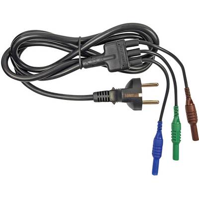 En svart nätningskabel med en europlug på ena sidan och tre färgade klämmor (brun, grön, blå) på den andra sidan.