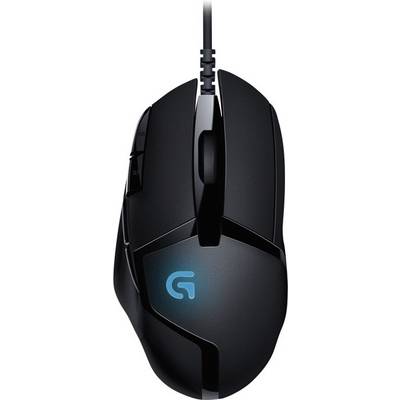 Svart gamingmus med kabel, sidoknappar och lysande logotyp på ovansidan.
