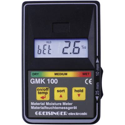 Fuktighetsmätare 'GREISINGER GMK 100' visar 2,6%. Tre LED-indikatorer för torrt, medium, vått. Knappar: på/av, sortera, håll.