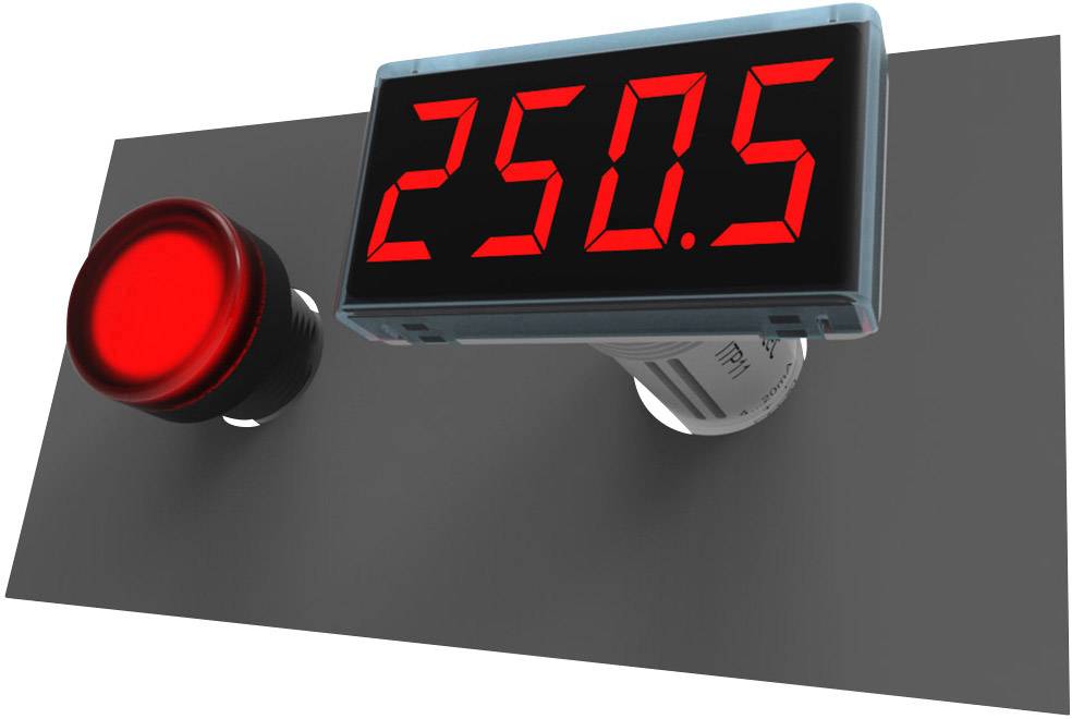 Röd knapp och digitalt display med siffran '250,5' på svart bakgrund.