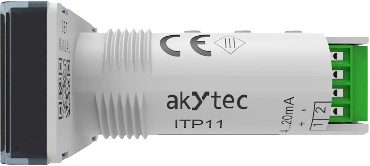 Trycktransmitter 'akytec ITP11', cylinderformad, med gröna elektriska anslutningar på höger sida, CE-märkning synlig.