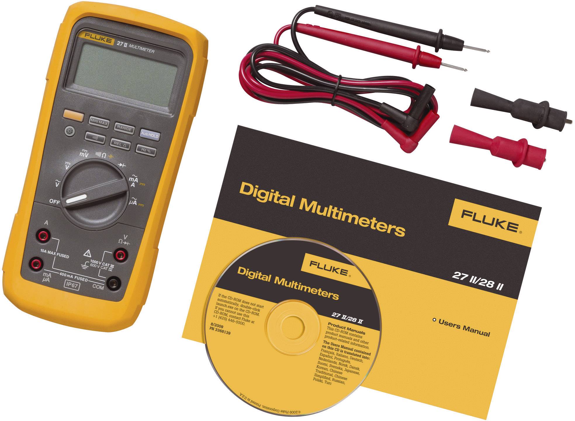 Ett digitalt multimeterkit med gul multimeter, röda och svarta mätsladdar, CD med användarhandbok och instruktionsbok.